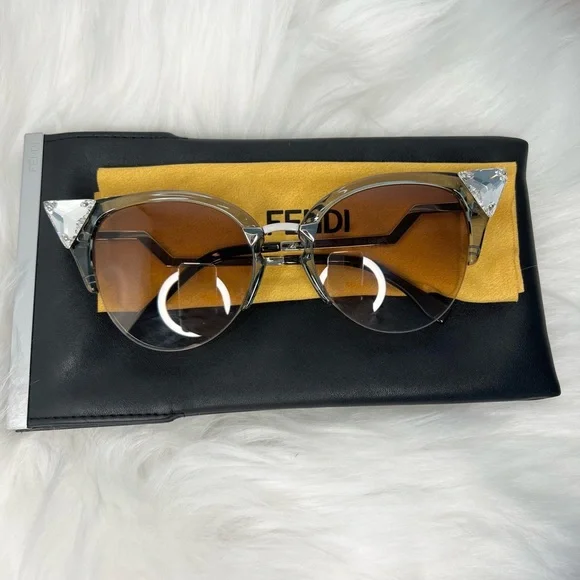Fendi Iridia Cat Eye Sunglasses Fendi - Iridia Cat Eye Metal Corners Crystal Sunglasses Grey  main image 4